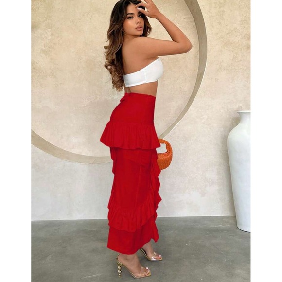 Shein beautiful long red skirt with ruffles, open leg,‎ size L - Picture 2 of 15